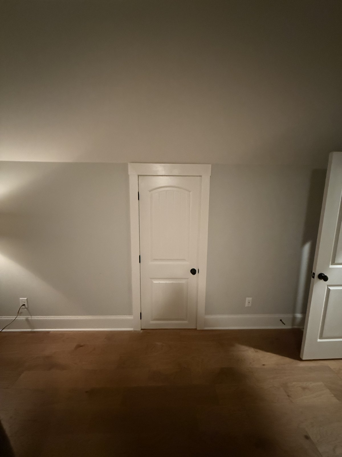Freshly painted interior wall with white door, casing and baseboard